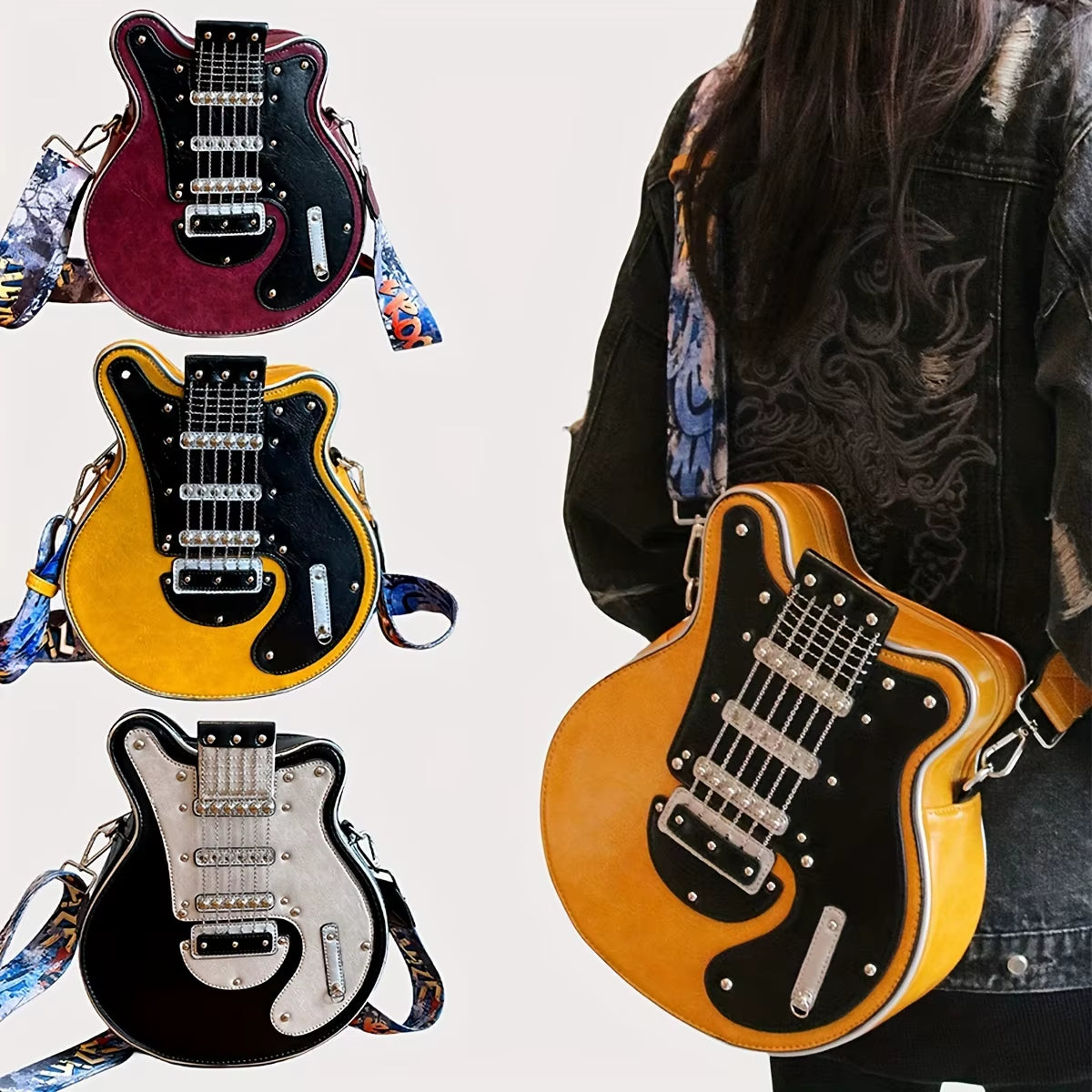 2024 Niche Guitar Shaped Y2K Style Novel Crossbody Bag, Rivet Decorated Fashionable Shoulder Bag