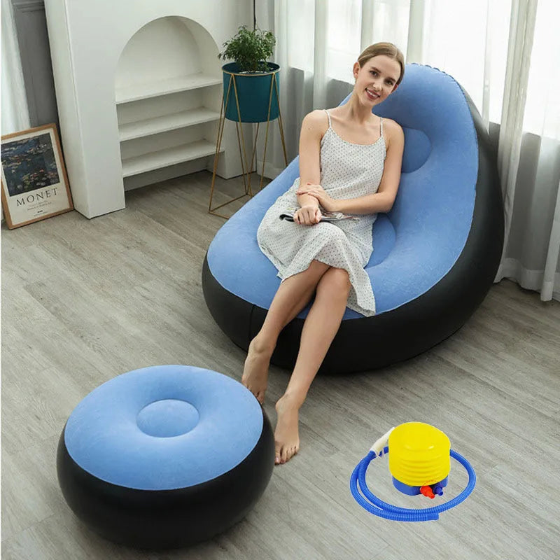 Blow up Couch Inflatable Chair with Footstool Portable Lazy Sofa Lounger Comfy Flocked Surface Portable Chaise Soft Comfortable