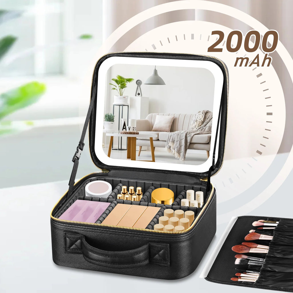 Cosmetic Portable Travel Storage Box with 2000Mah Led Rechargeable Vanity Bags Makeup Case with Led Light Mirror