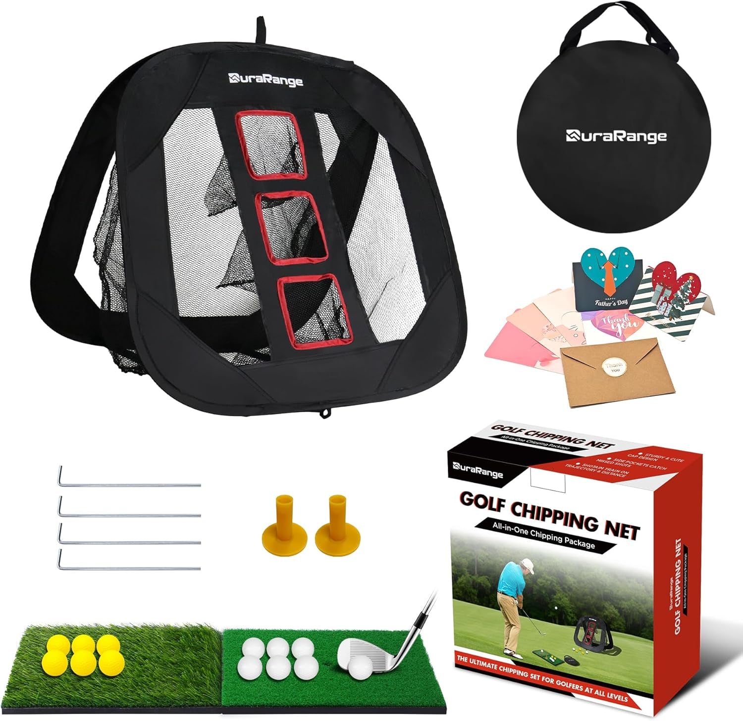 Pop-Up Golf Chipping Net with Dual Turf Hitting Mat, 6 Driving Range Golf Balls, 6 Practice Foam Balls and Tees Combo, Target Swing Training Aids Backyard | Indoor | Outdoor