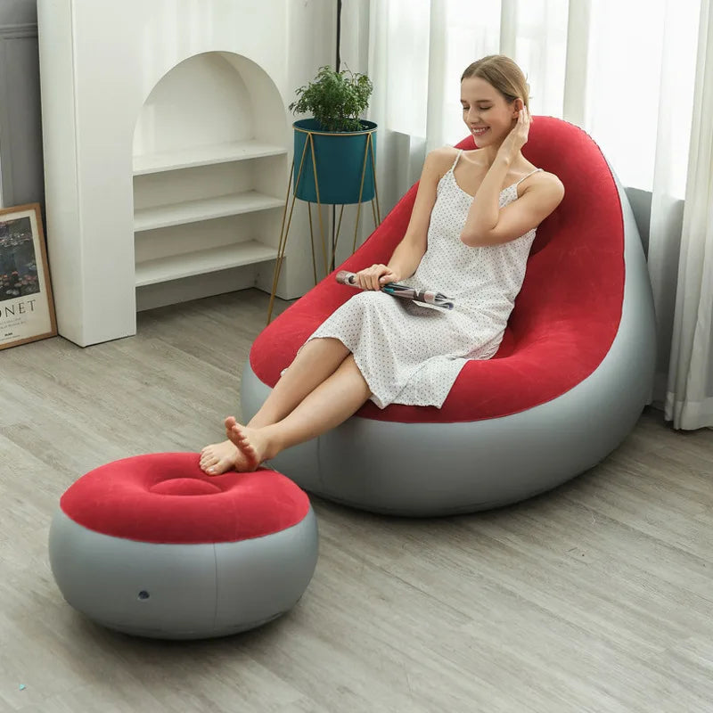 Blow up Couch Inflatable Chair with Footstool Portable Lazy Sofa Lounger Comfy Flocked Surface Portable Chaise Soft Comfortable
