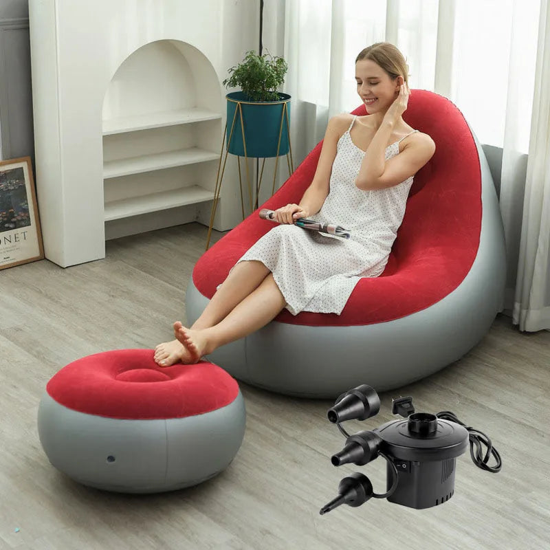 Blow up Couch Inflatable Chair with Footstool Portable Lazy Sofa Lounger Comfy Flocked Surface Portable Chaise Soft Comfortable