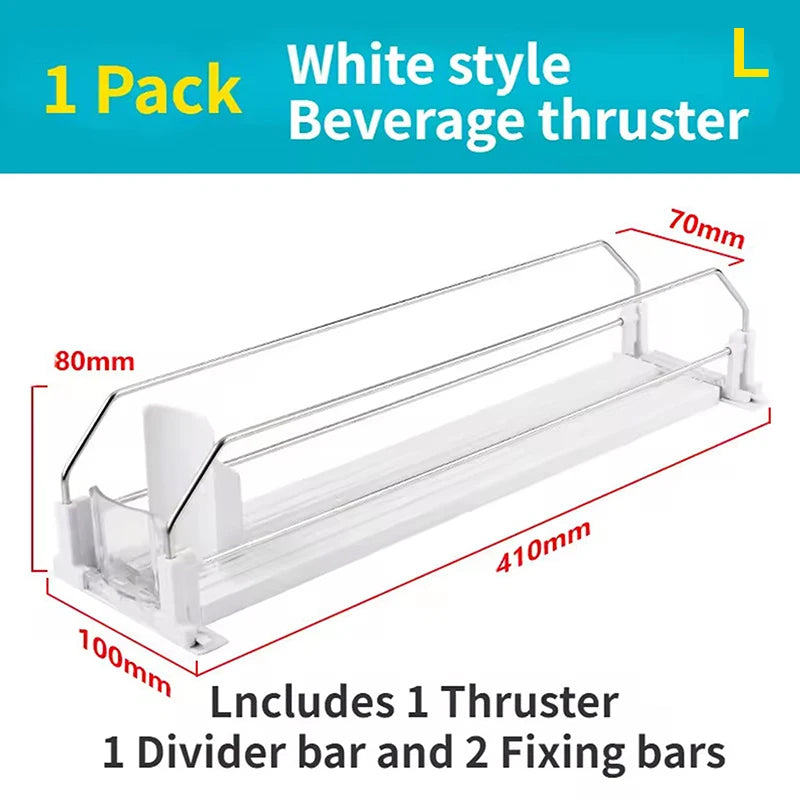 Spring Push Drink Organizer E-Shaped Glide for Kitchen Fridge Canned Beverage Push Rack Dispenser Adjustable Width Storage Shelf