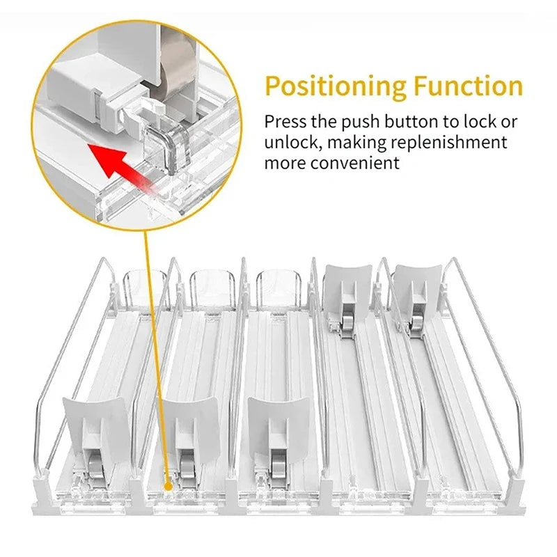 Spring Push Drink Organizer E-Shaped Glide for Kitchen Fridge Canned Beverage Push Rack Dispenser Adjustable Width Storage Shelf