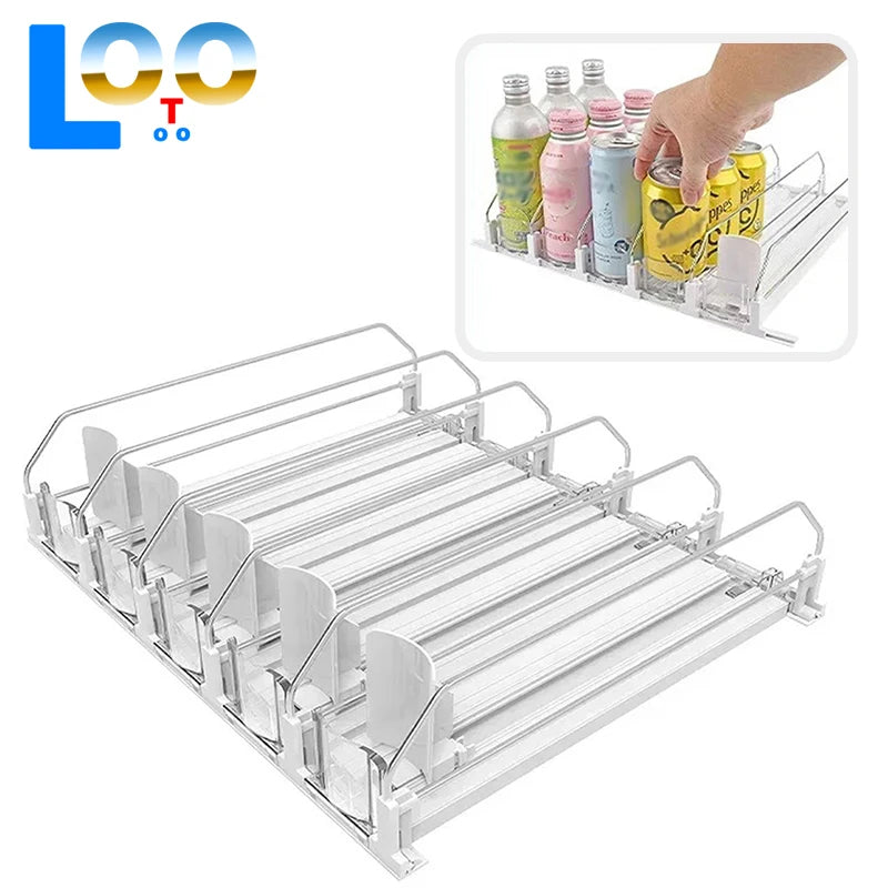 Spring Push Drink Organizer E-Shaped Glide for Kitchen Fridge Canned Beverage Push Rack Dispenser Adjustable Width Storage Shelf