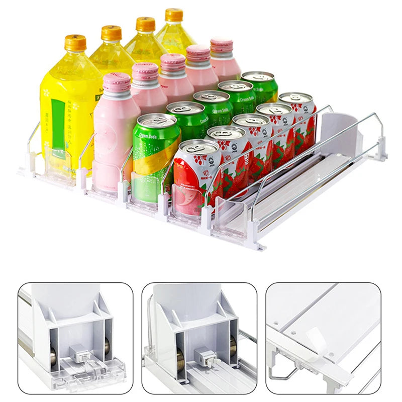 Spring Push Drink Organizer E-Shaped Glide for Kitchen Fridge Canned Beverage Push Rack Dispenser Adjustable Width Storage Shelf