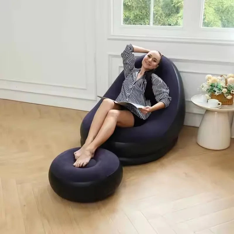 Blow up Couch Inflatable Chair with Footstool Portable Lazy Sofa Lounger Comfy Flocked Surface Portable Chaise Soft Comfortable