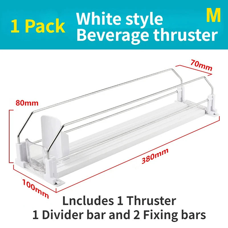 Spring Push Drink Organizer E-Shaped Glide for Kitchen Fridge Canned Beverage Push Rack Dispenser Adjustable Width Storage Shelf
