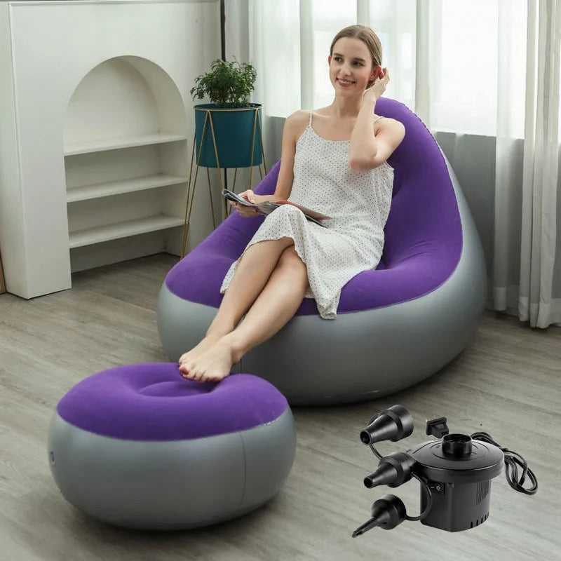 Blow up Couch Inflatable Chair with Footstool Portable Lazy Sofa Lounger Comfy Flocked Surface Portable Chaise Soft Comfortable
