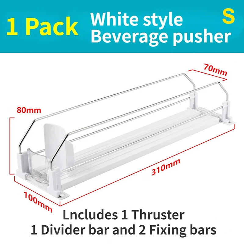 Spring Push Drink Organizer E-Shaped Glide for Kitchen Fridge Canned Beverage Push Rack Dispenser Adjustable Width Storage Shelf