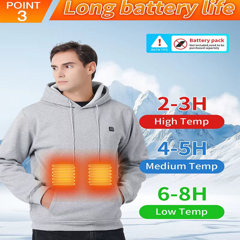 New Intelligent USB Heating Hoodie for Men Women Winter 7 Areas Coral Fleece Hooded Heated Clothes Outdoor Thermal Sportswear