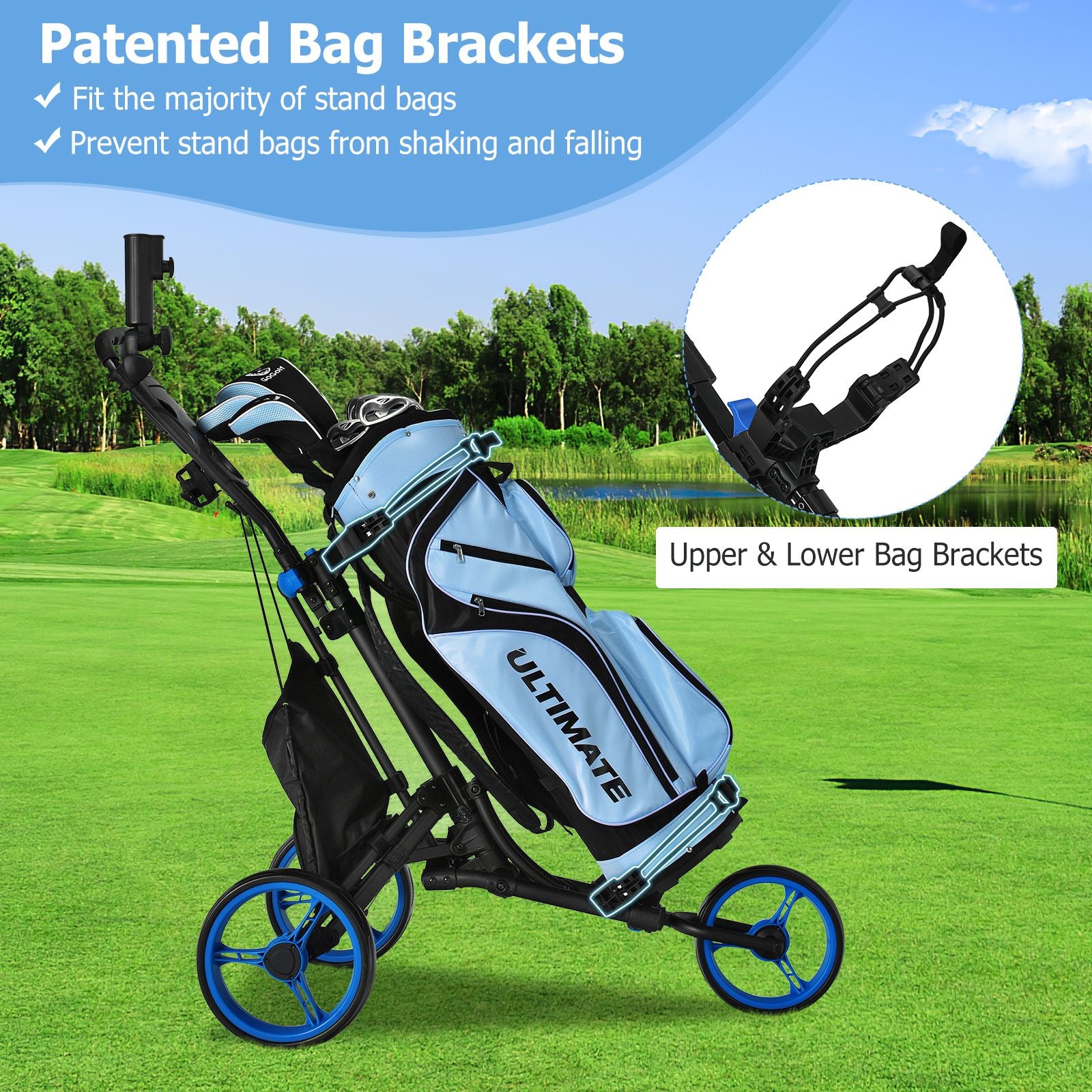 3 Wheel Golf Push Pull Cart with Adjustable Height Handle