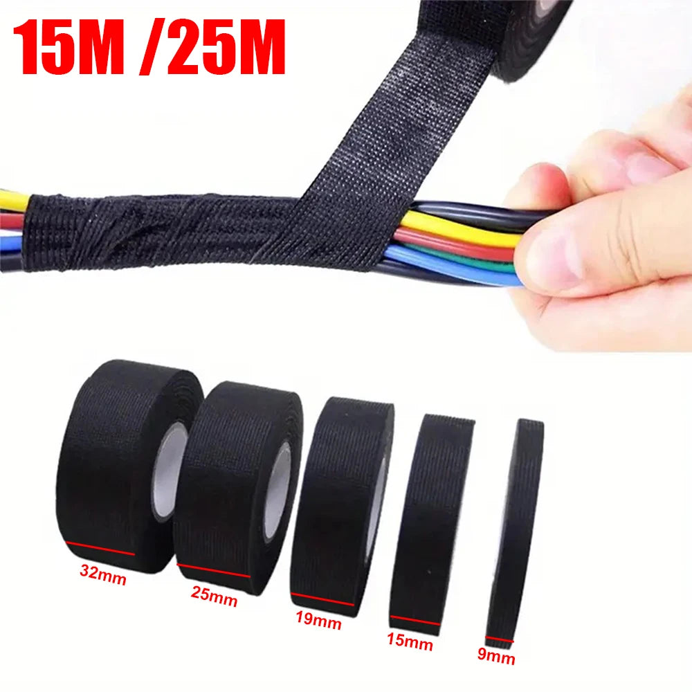 1-4Pcs 15/25M High Temp Wire Harness Wrapping Tape Self-Adhesive Automotive Wiring Harness Fabric Tape for Car Noise Damping