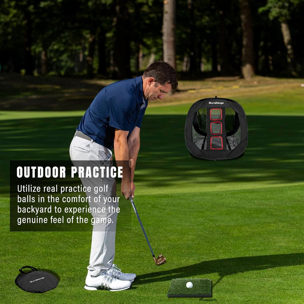 Pop-Up Golf Chipping Net with Dual Turf Hitting Mat, 6 Driving Range Golf Balls, 6 Practice Foam Balls and Tees Combo, Target Swing Training Aids Backyard | Indoor | Outdoor