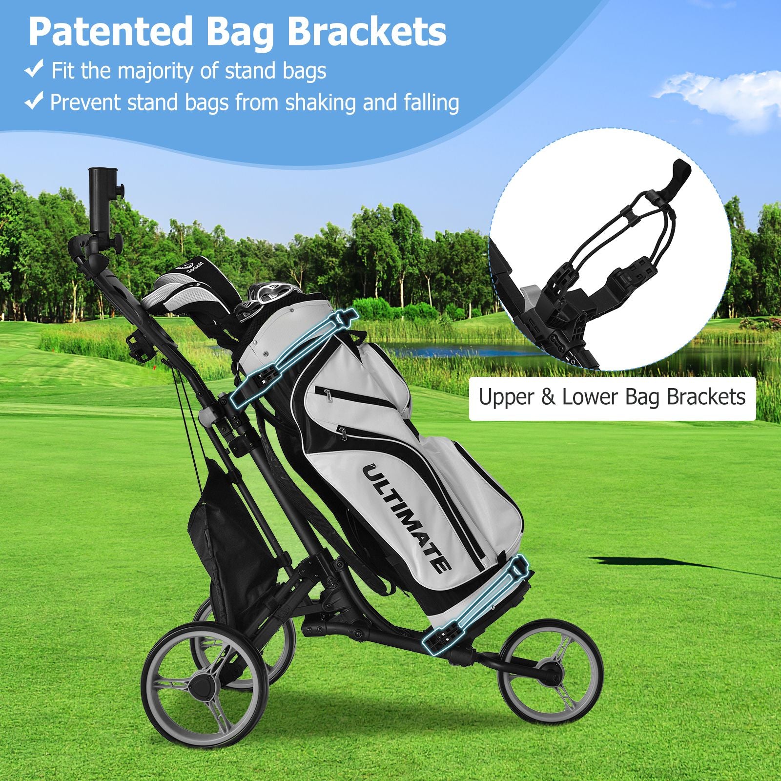3 Wheel Golf Push Pull Cart with Adjustable Height Handle