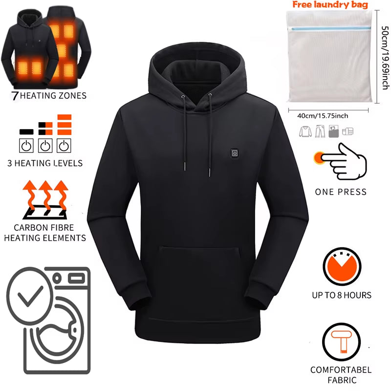 New Intelligent USB Heating Hoodie for Men Women Winter 7 Areas Coral Fleece Hooded Heated Clothes Outdoor Thermal Sportswear