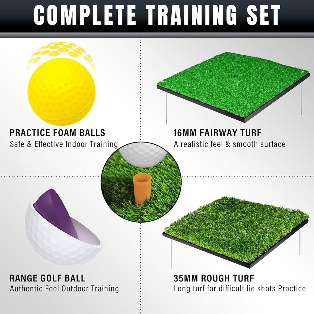 Pop-Up Golf Chipping Net with Dual Turf Hitting Mat, 6 Driving Range Golf Balls, 6 Practice Foam Balls and Tees Combo, Target Swing Training Aids Backyard | Indoor | Outdoor