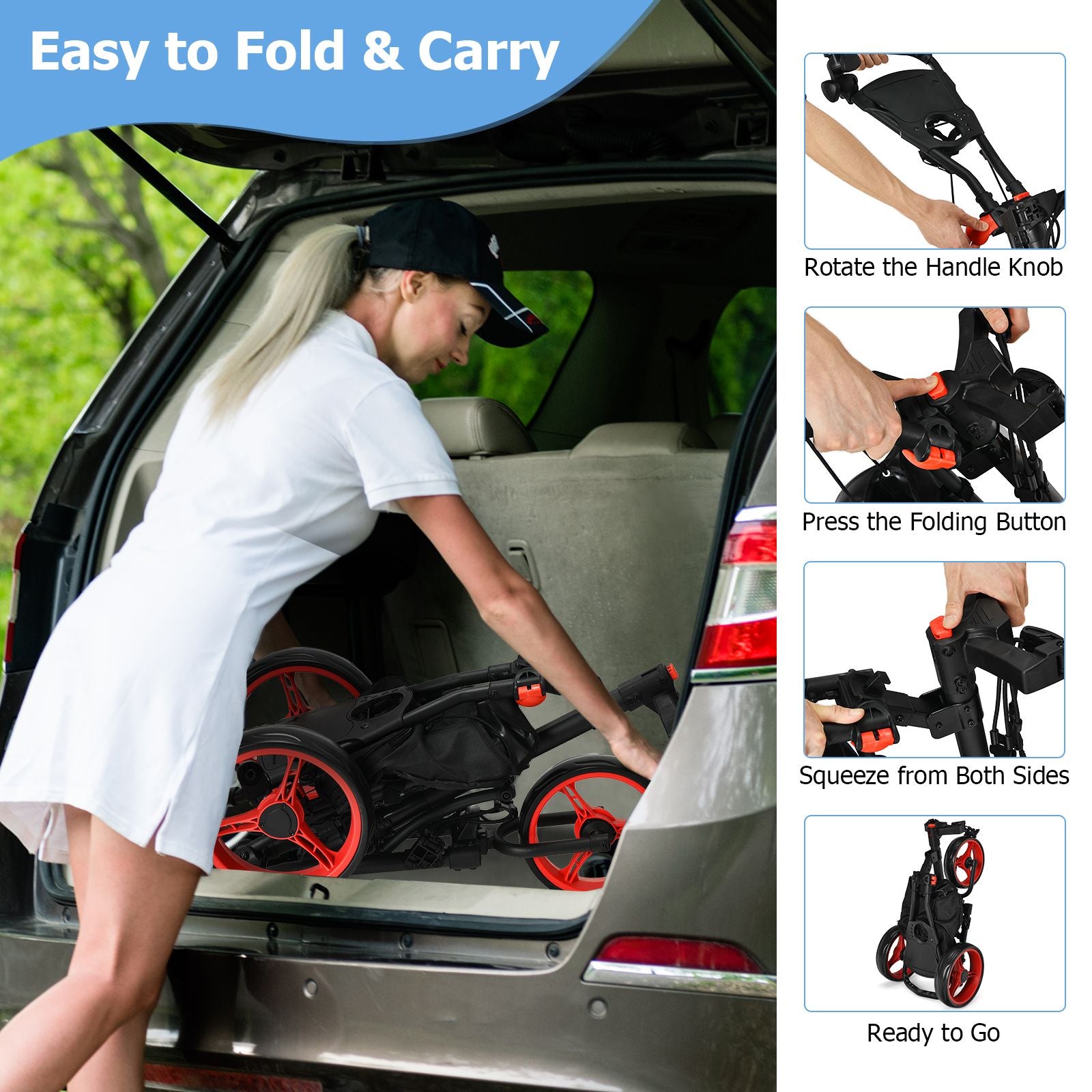 3 Wheel Golf Push Pull Cart with Adjustable Height Handle