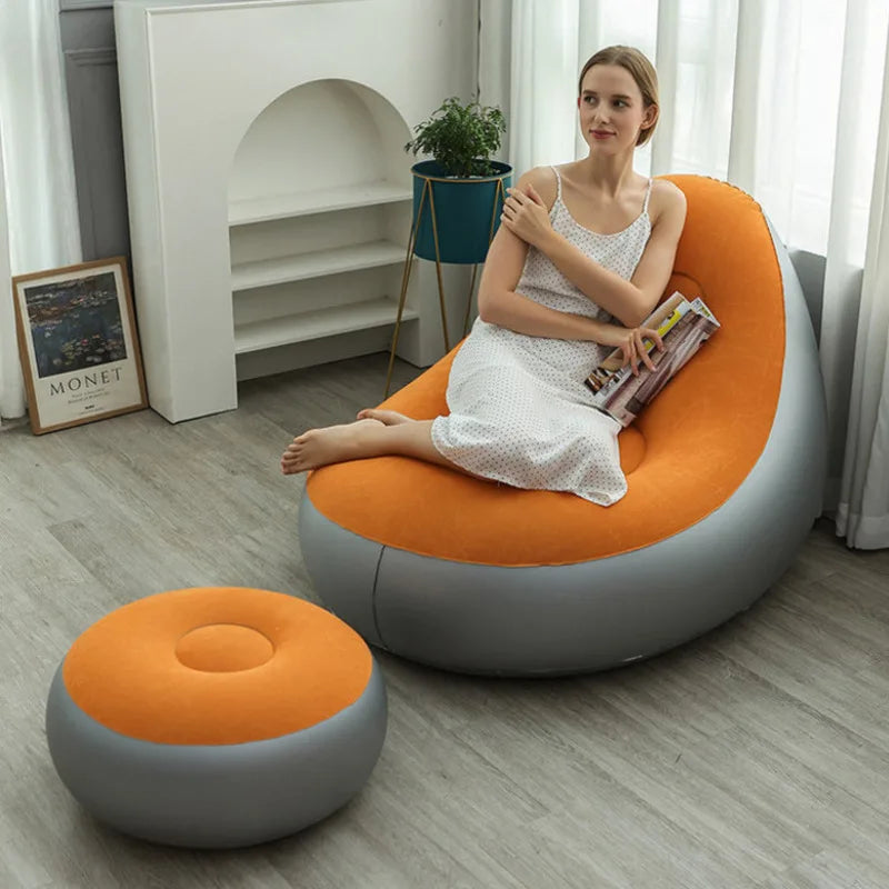 Blow up Couch Inflatable Chair with Footstool Portable Lazy Sofa Lounger Comfy Flocked Surface Portable Chaise Soft Comfortable