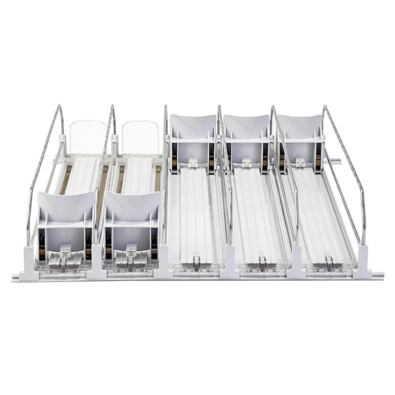 Spring Push Drink Organizer E-Shaped Glide for Kitchen Fridge Canned Beverage Push Rack Dispenser Adjustable Width Storage Shelf