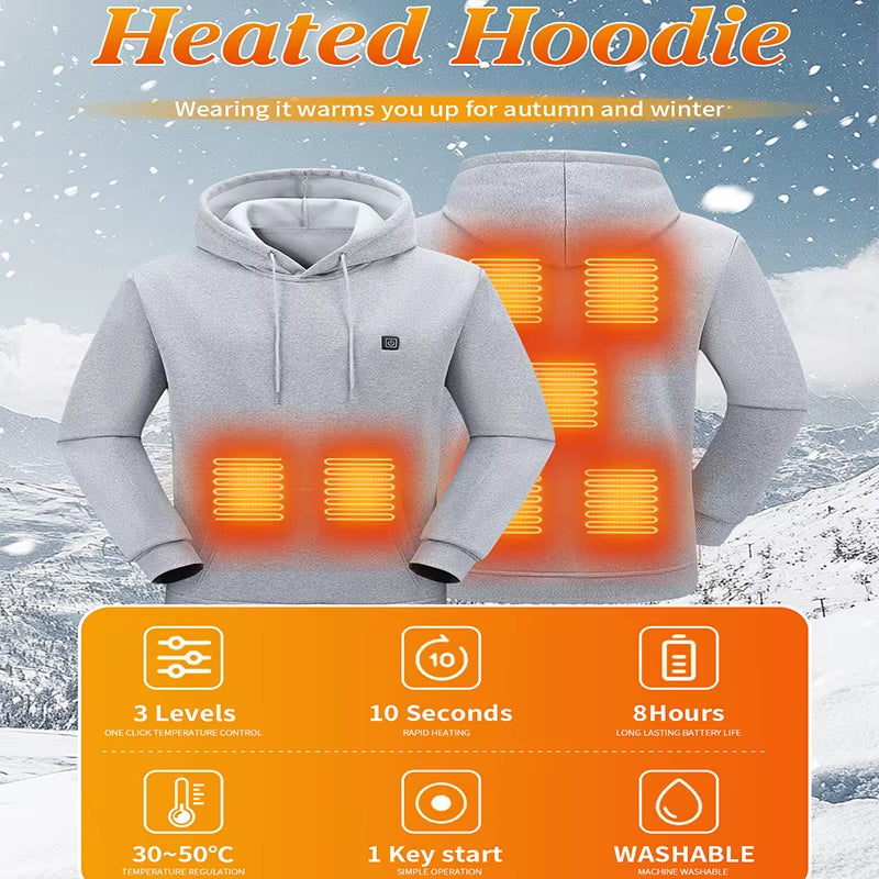New Intelligent USB Heating Hoodie for Men Women Winter 7 Areas Coral Fleece Hooded Heated Clothes Outdoor Thermal Sportswear