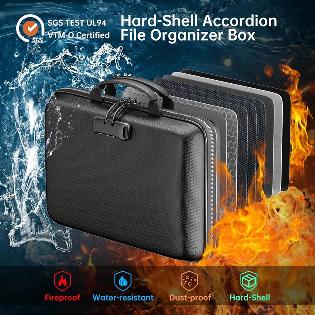 ABGV Fireproof File Organizer with Lock, Hard-Shell Case Fireproof Document Box with 13 Accordion File Folder, for Important