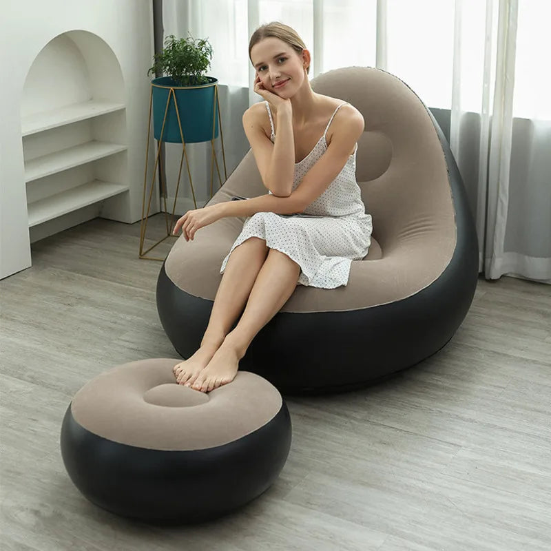 Blow up Couch Inflatable Chair with Footstool Portable Lazy Sofa Lounger Comfy Flocked Surface Portable Chaise Soft Comfortable