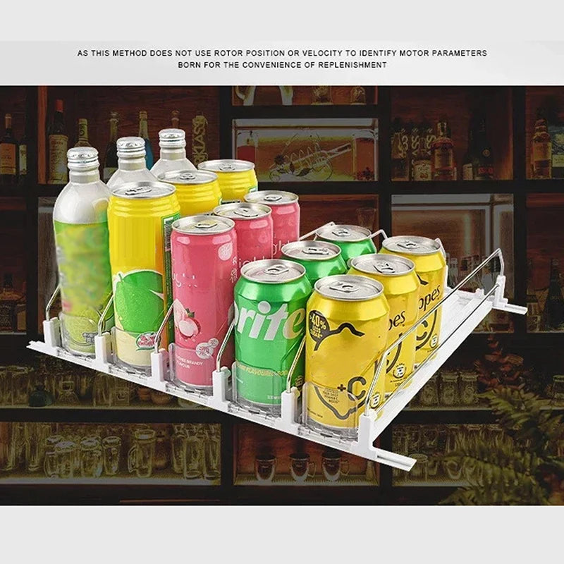 Spring Push Drink Organizer E-Shaped Glide for Kitchen Fridge Canned Beverage Push Rack Dispenser Adjustable Width Storage Shelf