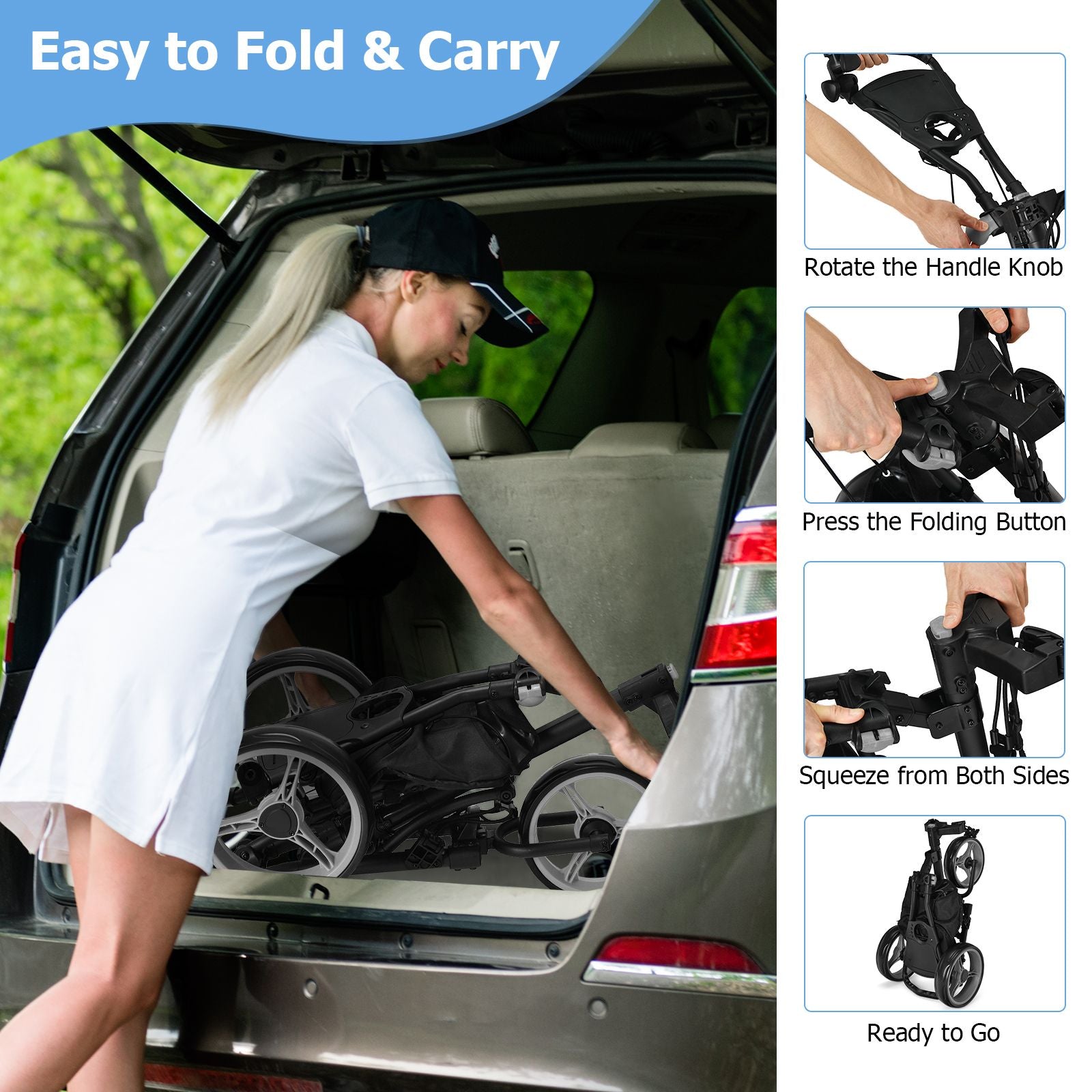 3 Wheel Golf Push Pull Cart with Adjustable Height Handle