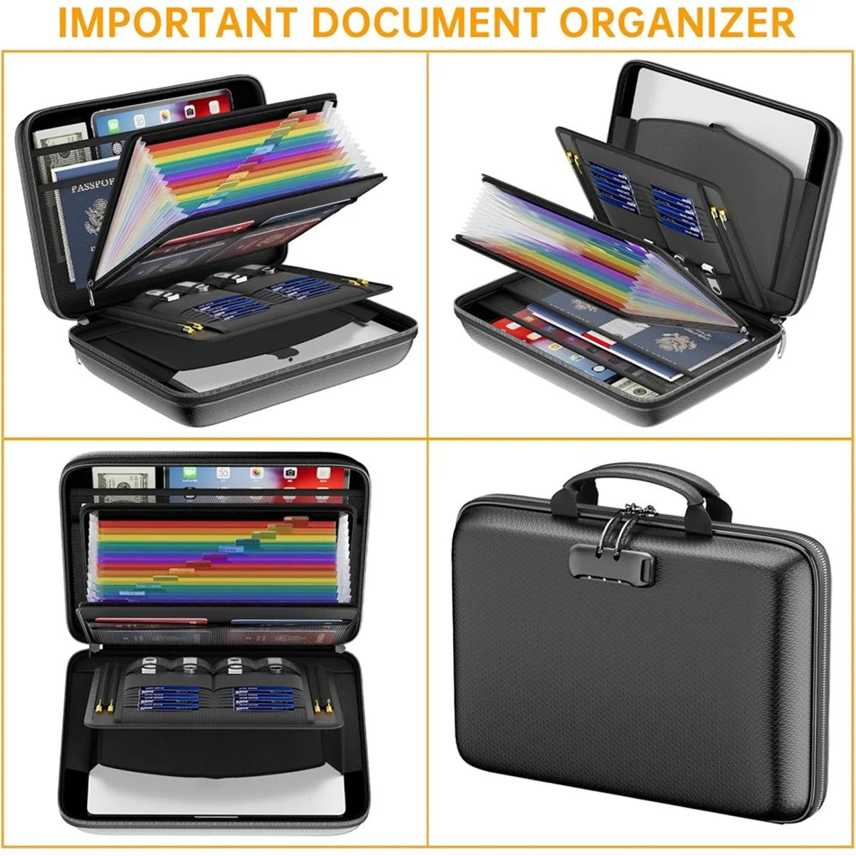 ABGV Fireproof File Organizer with Lock, Hard-Shell Case Fireproof Document Box with 13 Accordion File Folder, for Important